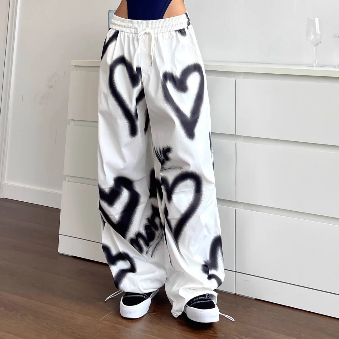 American Hip Hop Love Graffiti Women Casual Oversized Pants Spring Autumn Fashion Elastic High Waist Versatile Loose Trousers new graffiti y2k jeans high waisted trend versatile loose straight leg wide leg casual trousers women baggy women slouchy jeans