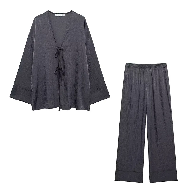thumbnail image 1 of HH TRAF 2024 Traje de pantalón liso para mujer, elegante camisa ajustada con cuello en V y manga larga con cordones + Pantalones anchos holgados con cintura elástica a la moda, 1 of 4