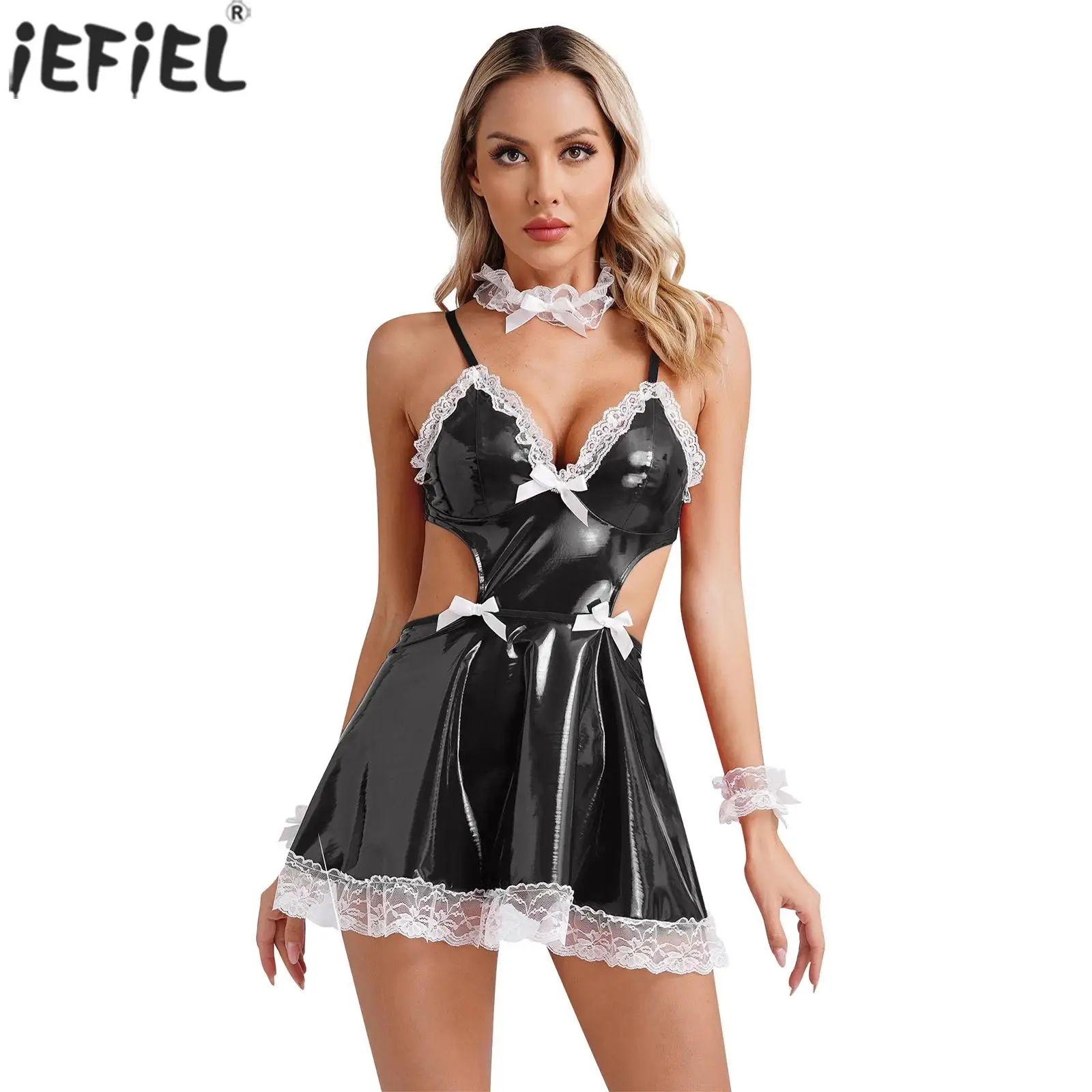 4PCS Womens Maid Cosplay Costumes Sexy Patent Leather Backless Dress with T-Back Thong Lace Choker Cuffs Uniform Exotic Lingerie