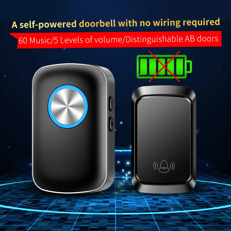 CACAZI Self -powered Wireless Doorbell 150 Meters Long Range 60 Chimes 5 Volume LED Light Intelligent Home Cordless Door Bell