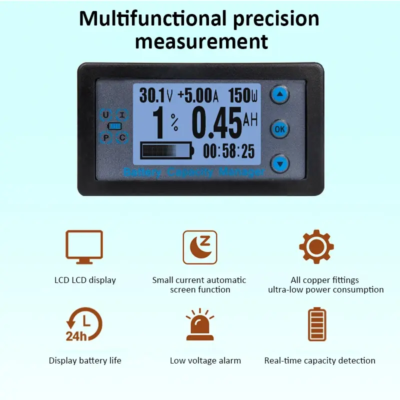 Wired Shunt Coulombmeter DC 8-120V 100/200/300/500A Energy Meter Battery Capacity Tester Low Voltage Alarm LCD Ammeter Voltmeter image 3