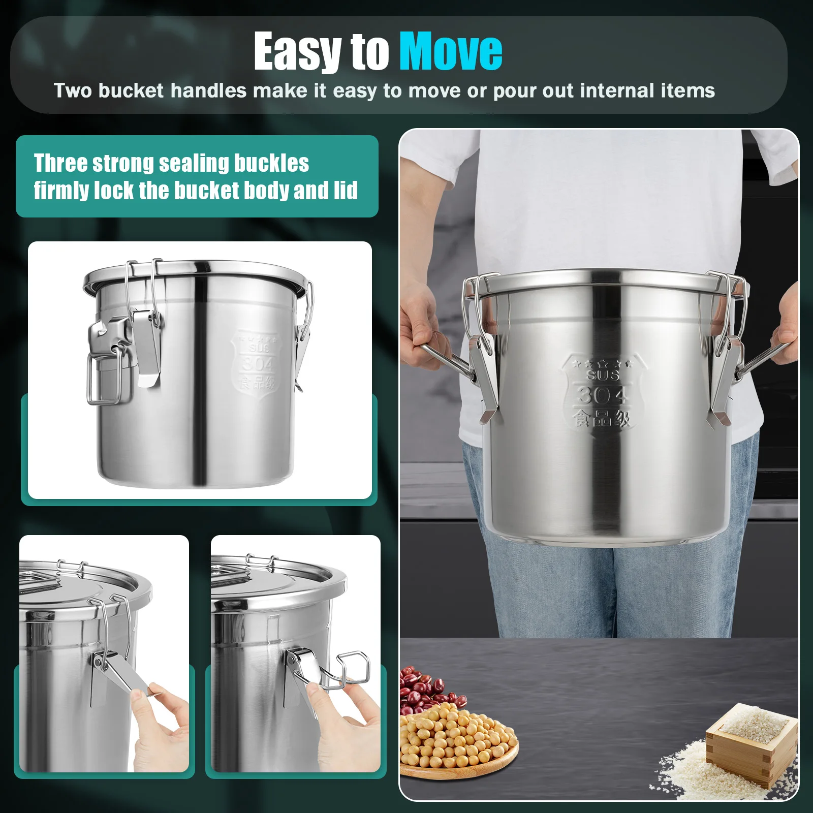 Stainless Steel Airtight Canister 12L/33L Rice Cereal Grain Canisters Container Food Oil Sugar Milk Storage Bucket