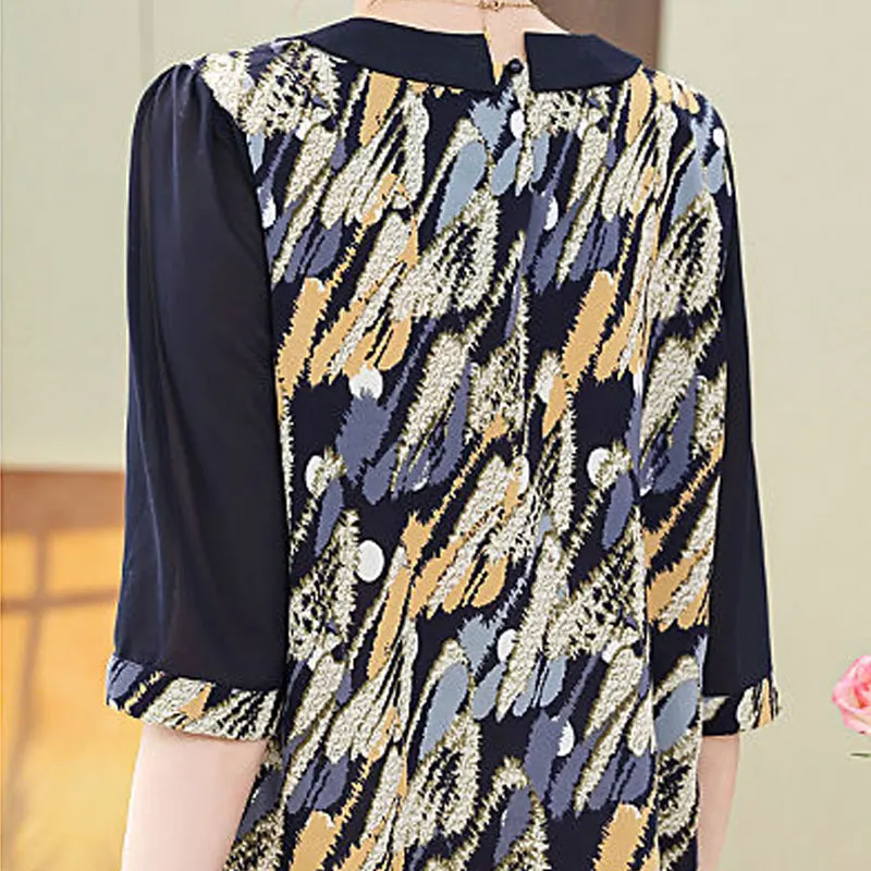 Casual Half Sleeve Loose Shirt Women's Clothing Prairie Chic Printed 2024 Summer New Thin Commute O-Neck Spliced Vintage Blouse