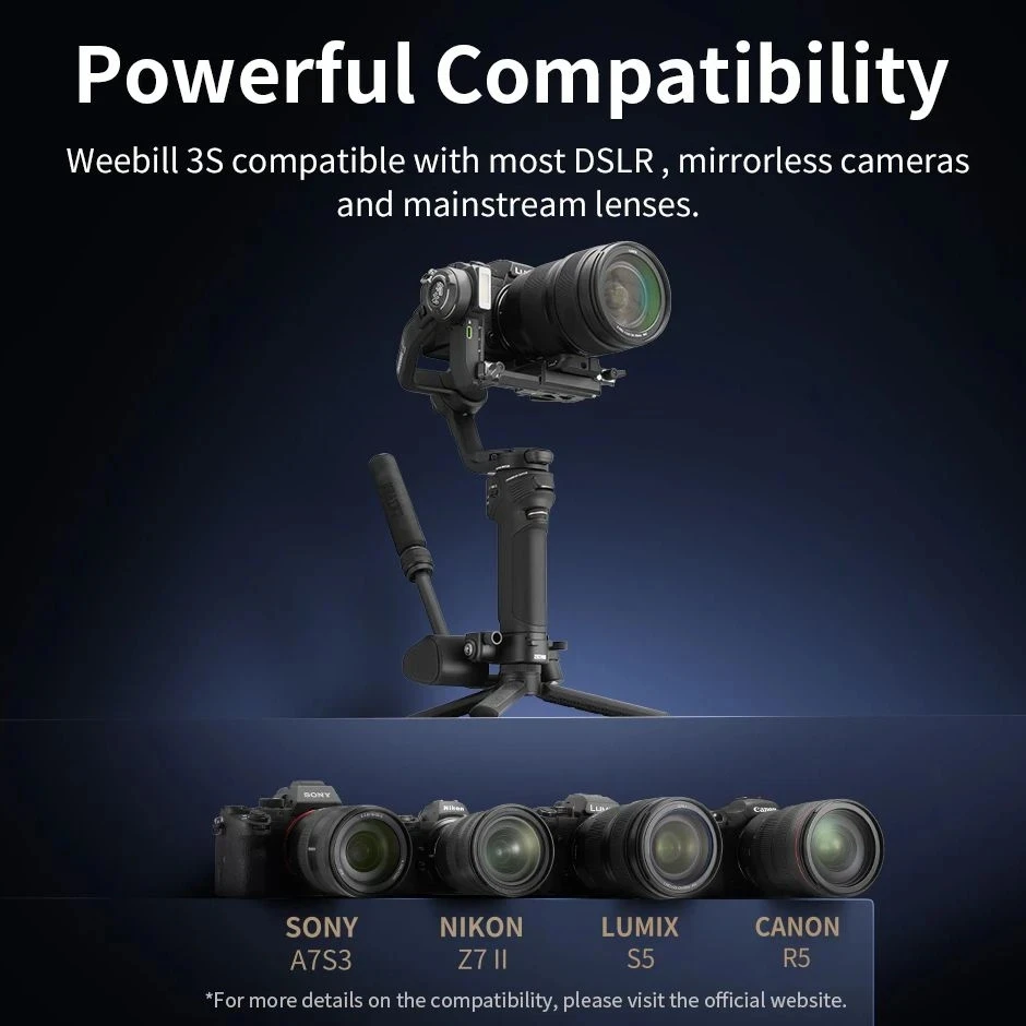 ZHIYUN Weebill 3S Combo 3-Axis Handheld Gimbal Stabilizer for Sony Canon Panasonic Nikon DSLR Mirrorless Cameras camera gimbal stabilizer