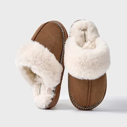 Cozy Fuzzy Cotton Indoor Slippers for Women - Non-slip Faux Fur Collar Fluffy Winter Plush House Shoes (Brown)