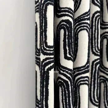 Luxury French Black White Chenille Blackout Curtains for Living Room Bedroom, Nordic Classical Geometric Thicken Velvet Drapes