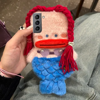 3D 귀여운 봉제 인어 소녀 선물 전화 케이스, 삼성 S23 S22 S21 S20 노트 20 A12 A22 A32 A52 A72 겨울 푹신한 헤어 소프트 케이스