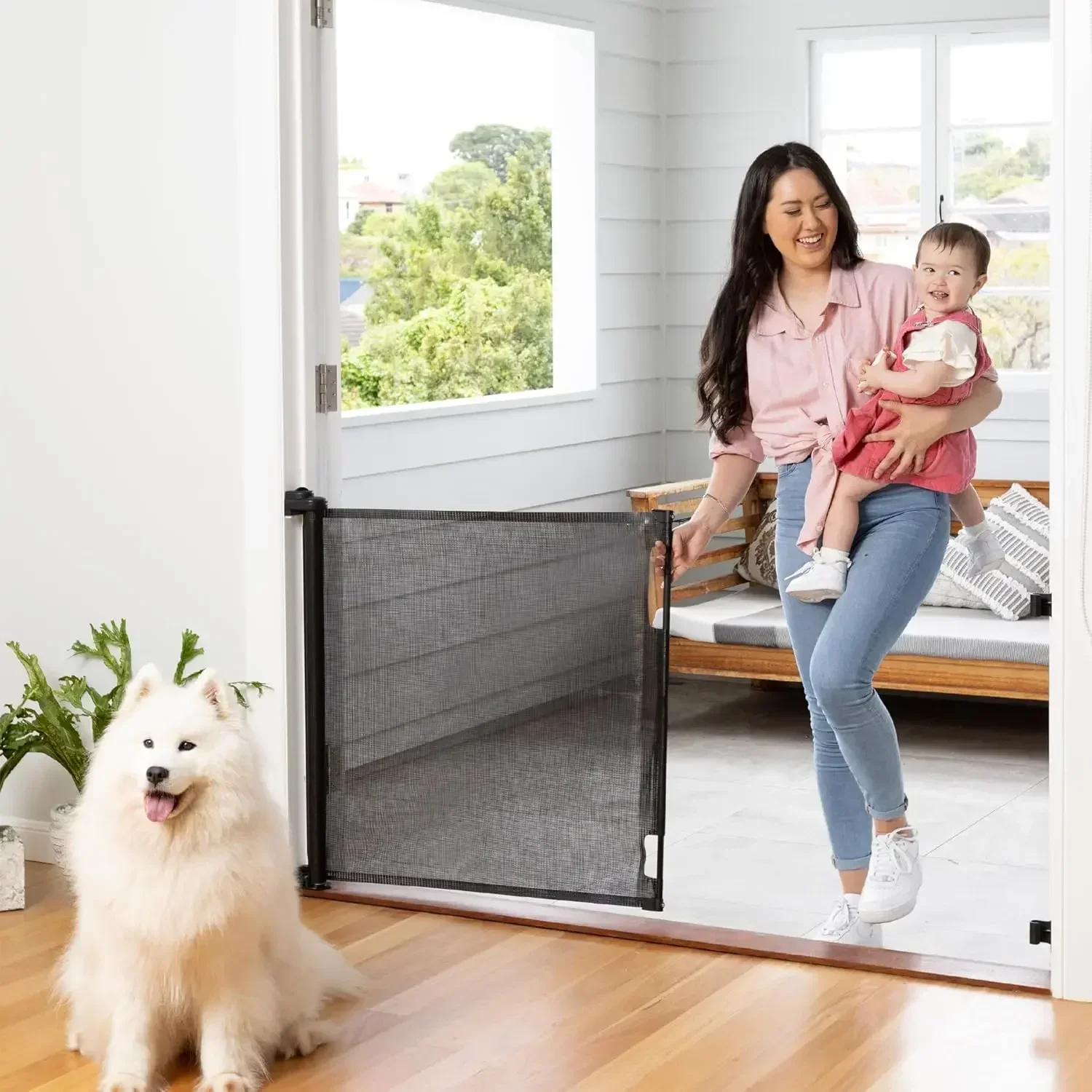 Upgraded Retractable Baby Gate with One-way Lock Mesh Tall 34 Extra-wide for Stairs and Doorways