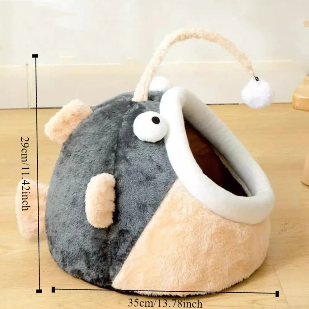Removable Cartoon Lantern Fish Cat Bed Cozy Soft Semi Enclosed Cat House Warm Washable Pet Sleeping Bed Deep Sleep