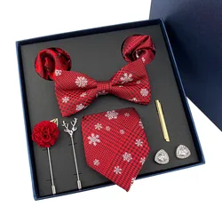 8pcs Gift Box Set For Men Bowtie Necktie Square Towel Cufflinks Brooch Tie Clip Suit Accessories Wedding Red Mens Tie Cravat Set