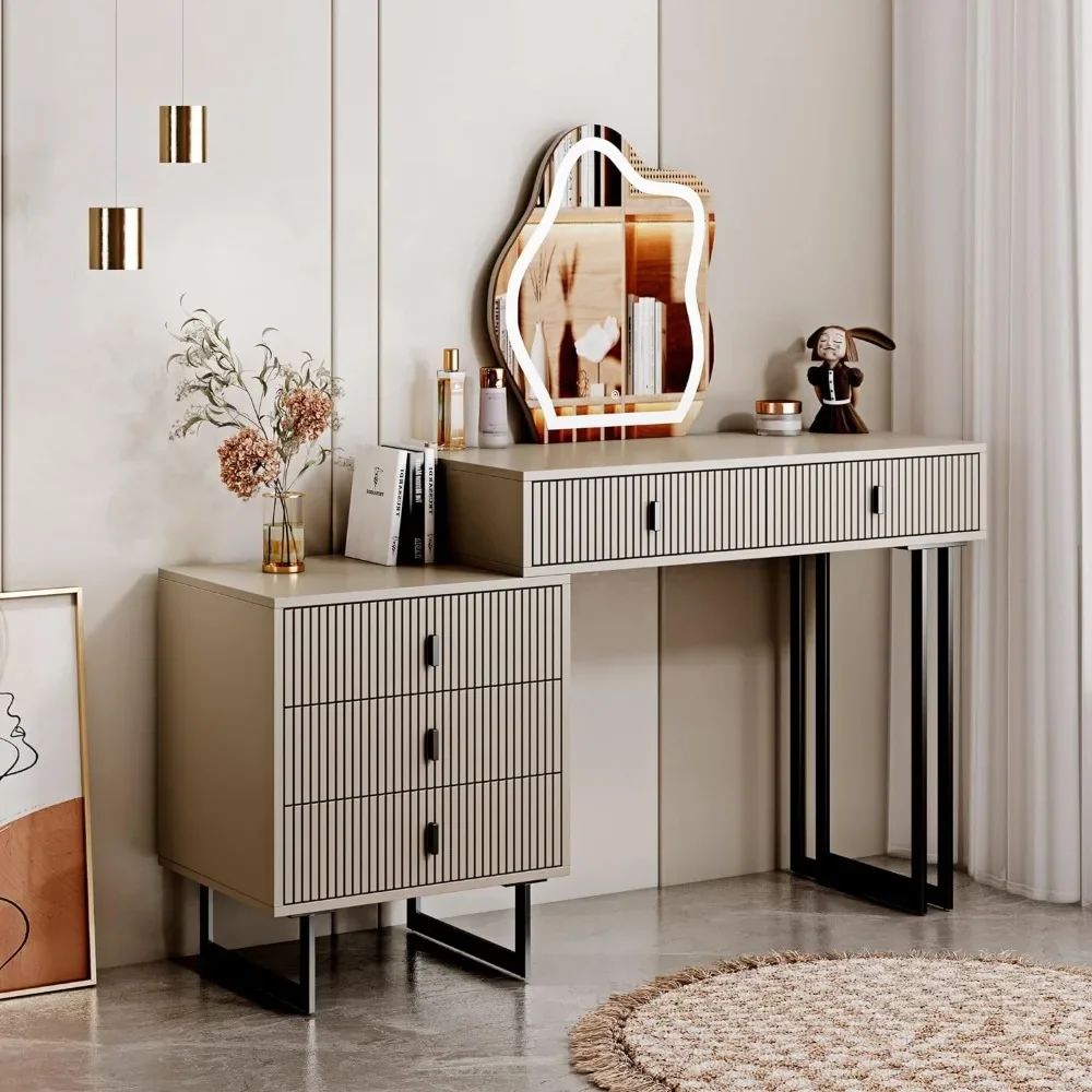 

Retractable Dresser With Bedside Table Dressers for Bedroom Illuminated Mirror and 5 Spacious Drawers a Must-have in the Bedroom