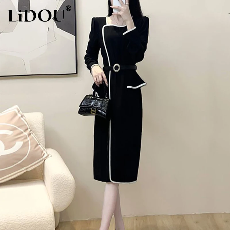 

Spring Autumn Office Lady Square Collar Elegant Fashion Bodycon Dress Female Fake Two Pieces Temperament Patchwork Robe Vestido