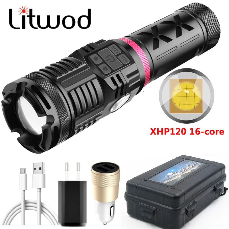 

Super Brightest XHP120 16-core 4 Color Led Flashlight USB Rechargeable Powerbank 3*18650 Battery Torch Aluminum Zoomable Lantern