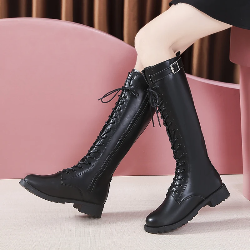 Plus Size Autumn Winter Knee High Boots for Women Fashion Buckle High Tube PU Leather Boots Woman Zipper Low Heels Long Botas Mujer women knee boots
