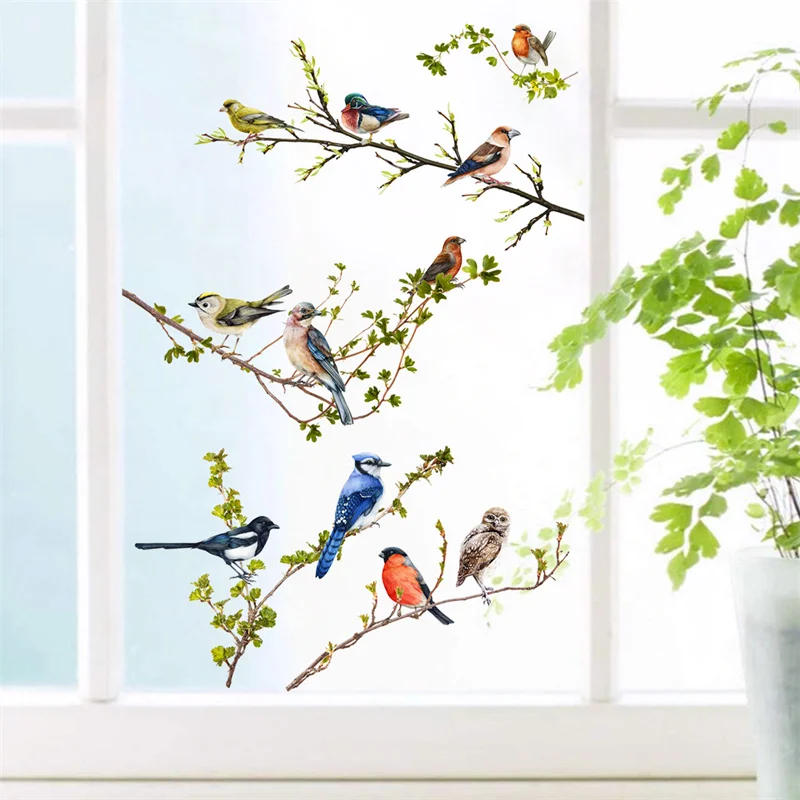 9 Adesivi Per Finestre Primaverili Con Fiori, Uccelli E Farfalle - PVC Elettrostatico 30x20 Cm