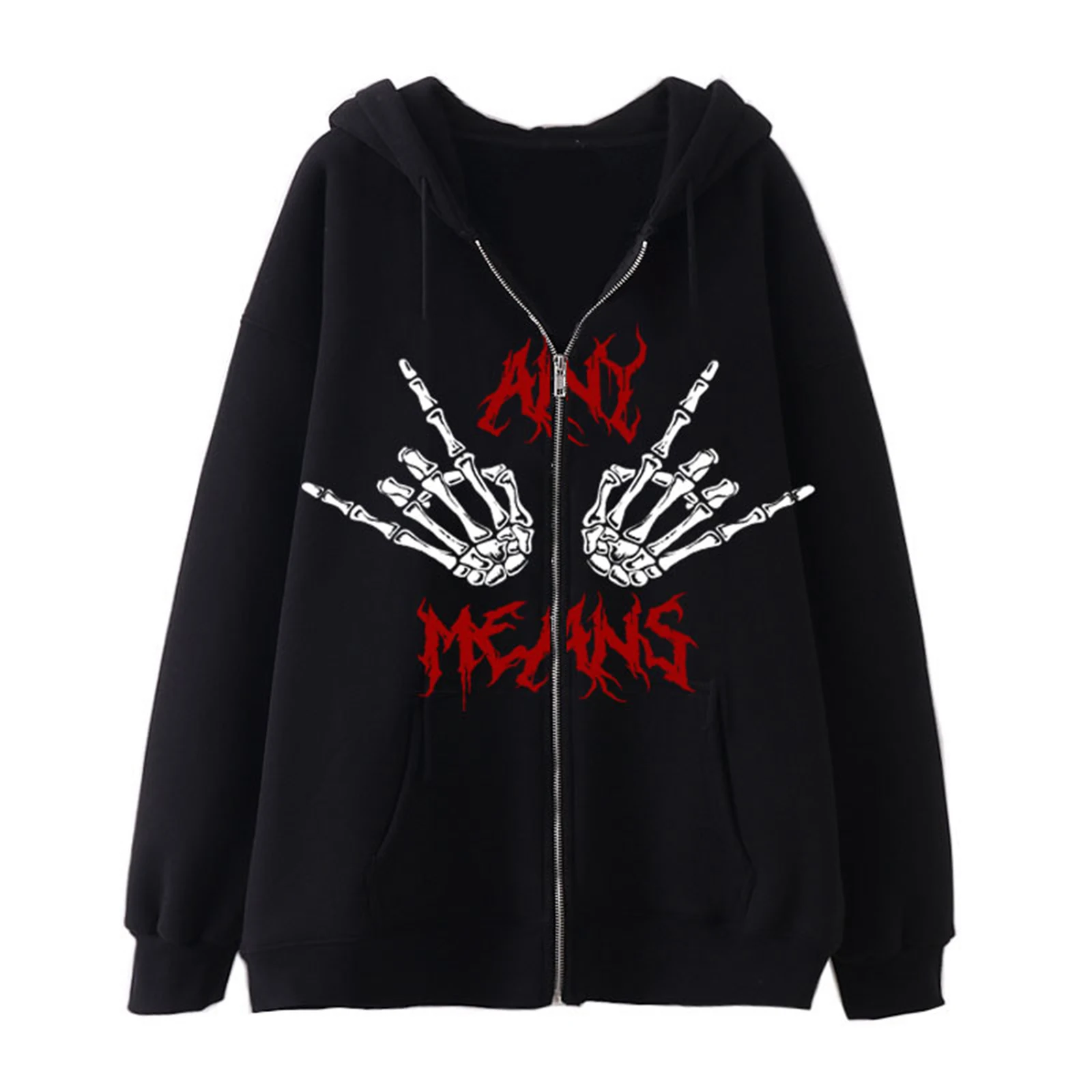 

Halloween Hooded Coat Long Sleeve Hand Bone/Heart/Skeleton/Wire Printed Zip-Up Pockets Jackets Casual Street Style Outerwear
