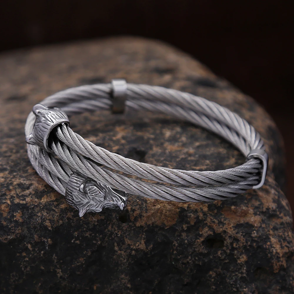 Men's Stainless Steel Norse Viking Double Wolf Head Bracelet Punk Biker Vintage Animal Bangles Charm Trendy Jewelry Dropshipping 2