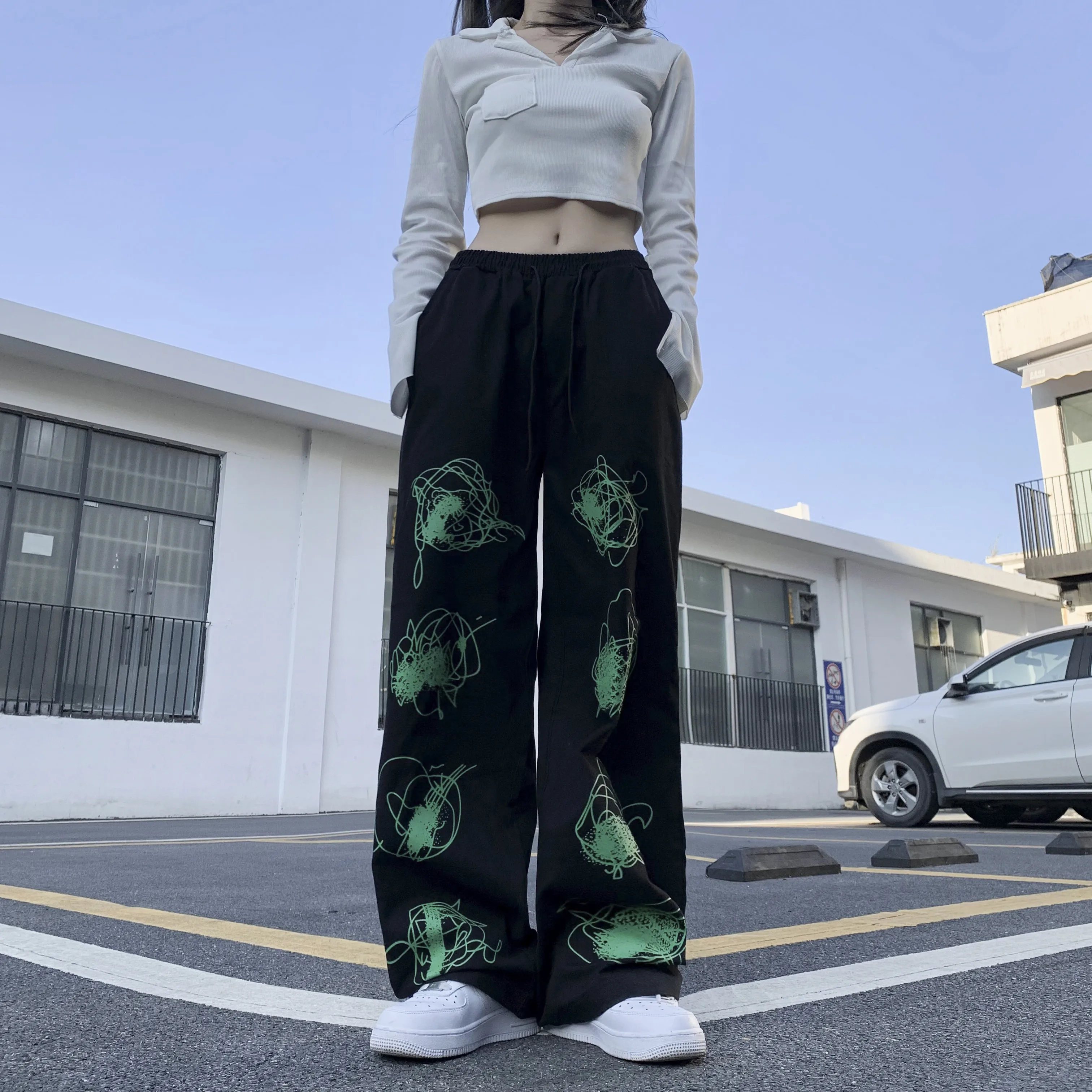 Spring Summer Green Graffiti Black Pants Women Men Harajuke Streetwear Loose High Waist Drawstring Wide Leg Pants Tide