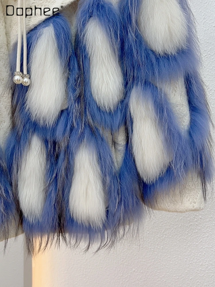 Luxury Woman Fox Fur Real Fur Coat 2023 Winter New Fashion Women's Color Contrast Patchwork Coarse Wool Mid-Length Fur Jacket