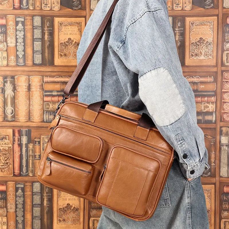 Business Genuine Leather Men's Briefcase Cow Leather Handbag Large Capacity Shoulder Messenger Bag Fashion 15.6 