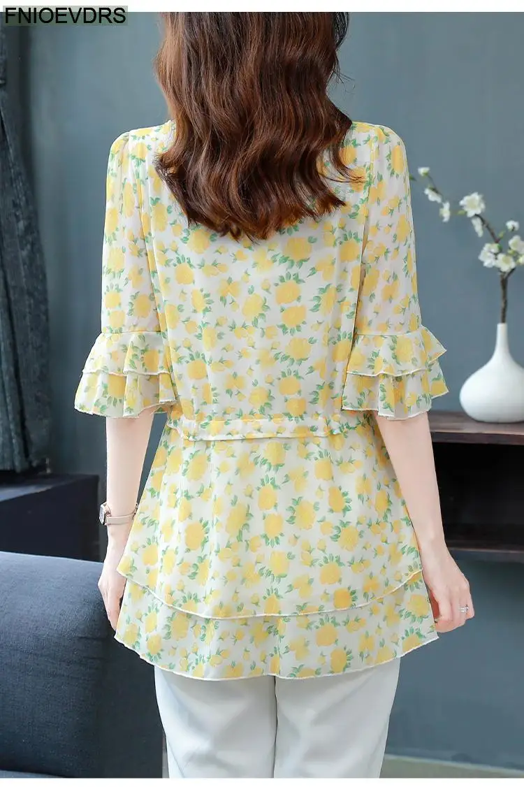 S-4XL Loose Clothes 2023 Women Summer Short Sleeve Elegant Ruffles Shirts Casual Chiffon Floral Tunic Peplum Tops And Blouses