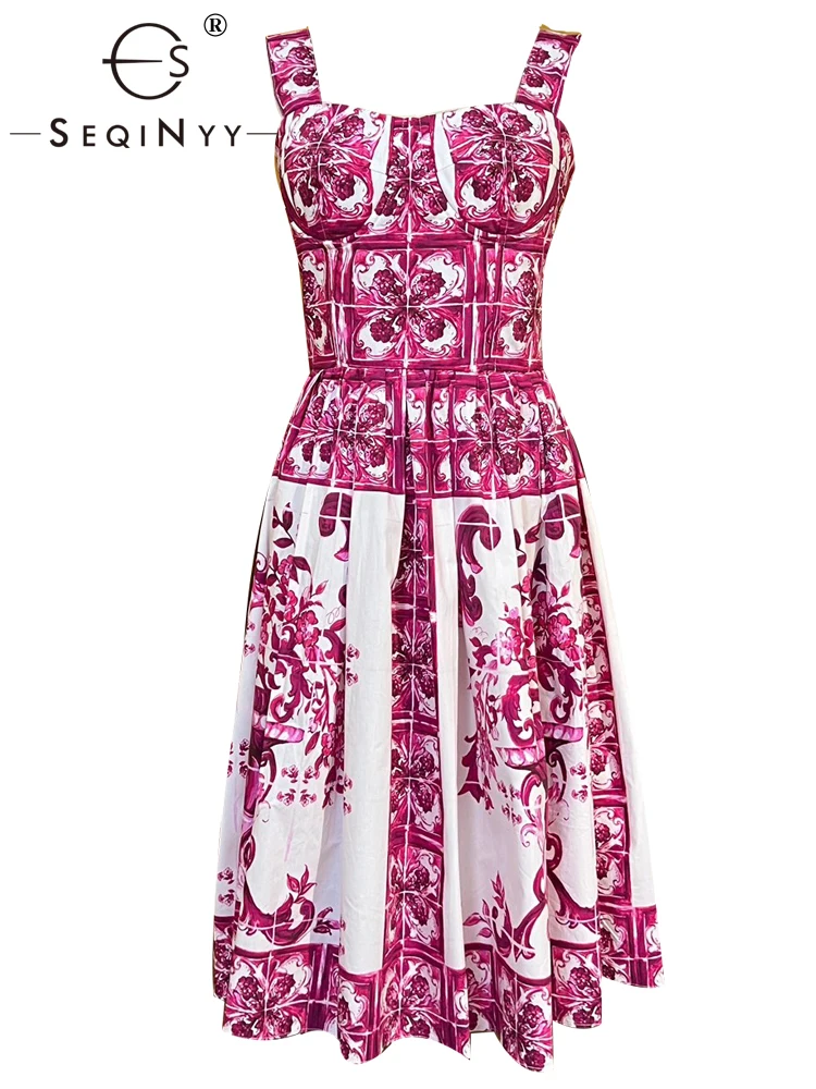 

SEQINYY 100% Cotton Dress Summer Spring New Fashion Design Women Runway High Quality Elastic Strapless Knee Vintage Flower Print