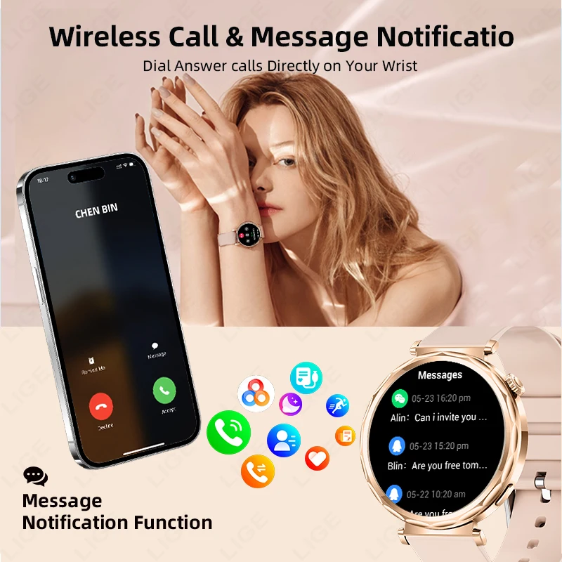 LIGE Women Smartwatch 1.6" Heart Rate Bluetooth Call Sports Waterproof Smart Watch Female For Android iOS 2025 New Ladies Gift