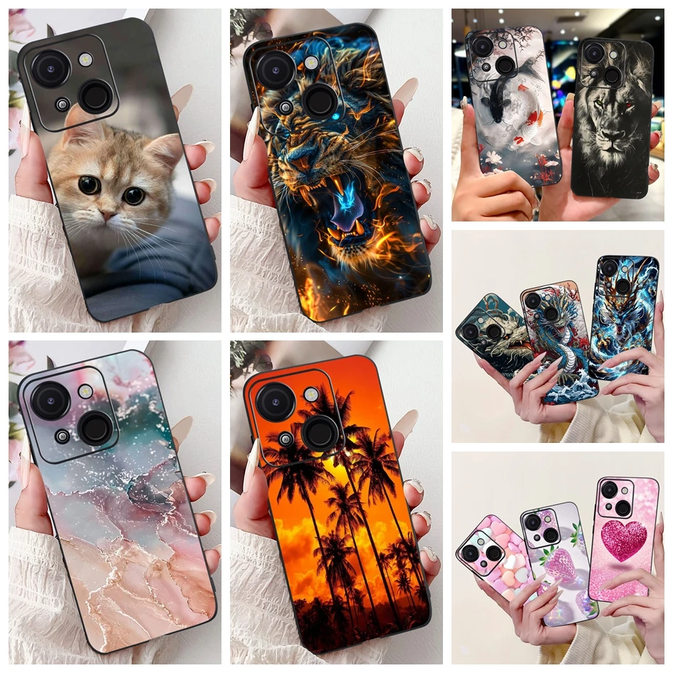 Cartoon Cat & Dragon Marble Matte Black Silicone Soft Phone Case