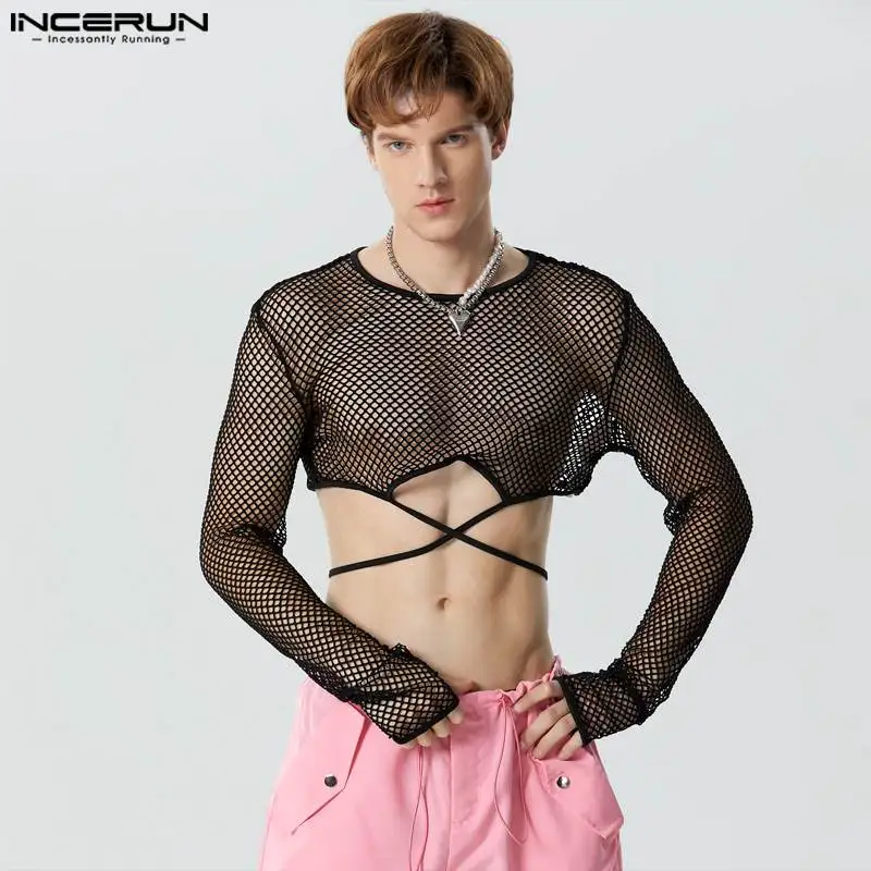 

Футболка INCERUN Мужская сетчатая, прозрачная пикантная одежда с длинным рукавом, с круглым вырезом, однотонная облегающая Модная рубашка