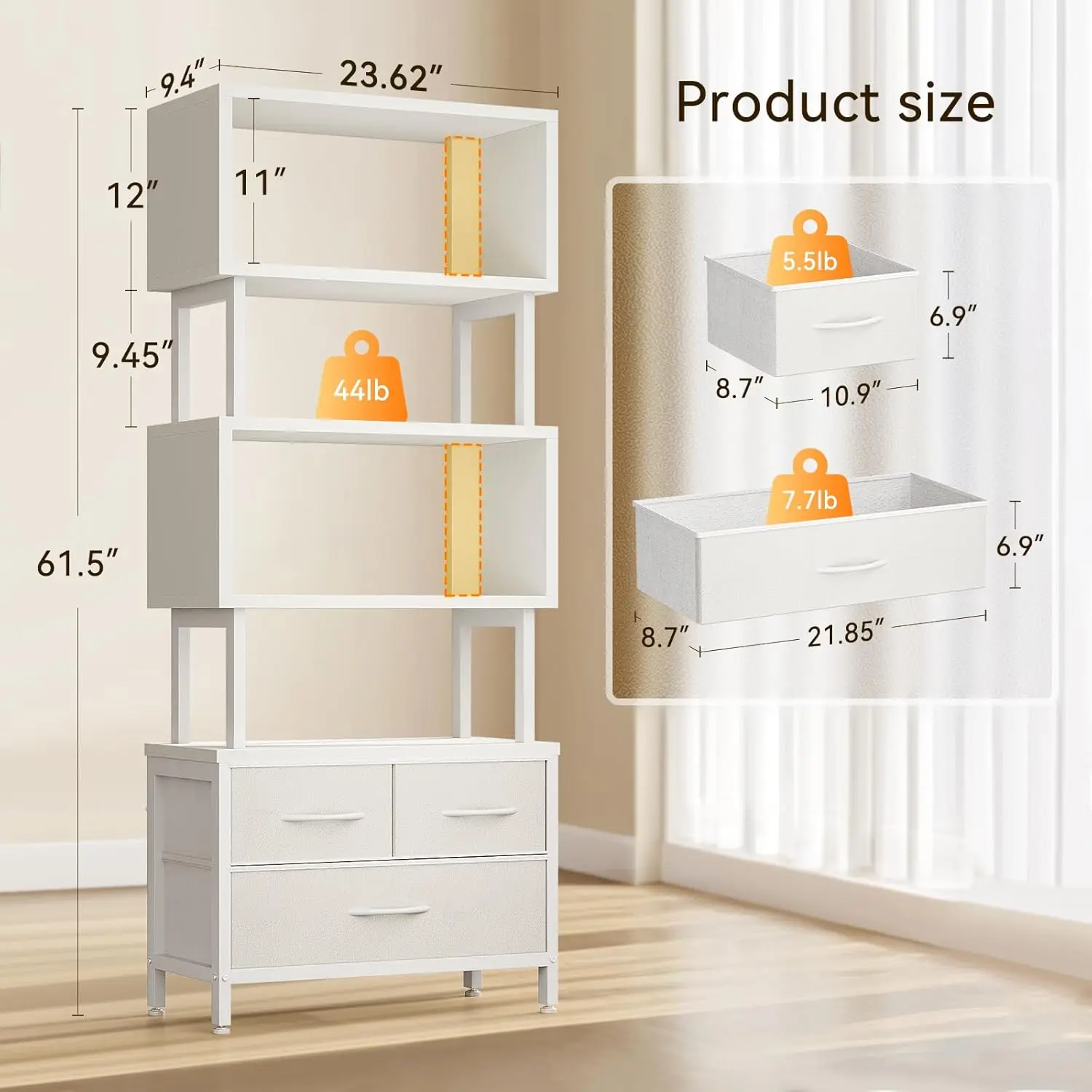 7 Tier Bookshelf, Tall Geometric Bookcase with Fabric Drawers, Modern Display Book Shelves Book Case for Living Room Bedroom