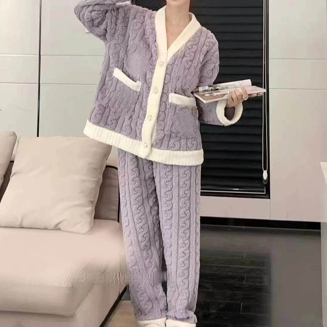 Autumn Winter Loose Sweet Casual Pajamas Women's Set Thick Fleeceing Wool Long Sleeve Cardigan Elastic Waist Long Pants Trousers