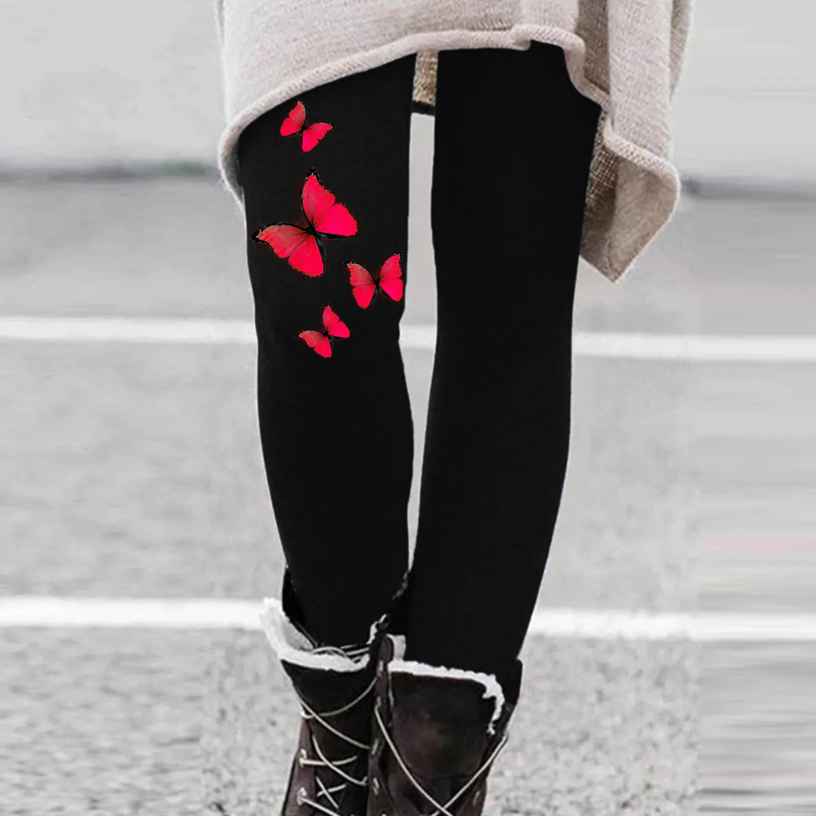 Womens Winter Casual Leggings Elastic Waist Thermal Capris Workout Trousers Thermal Prints Pants