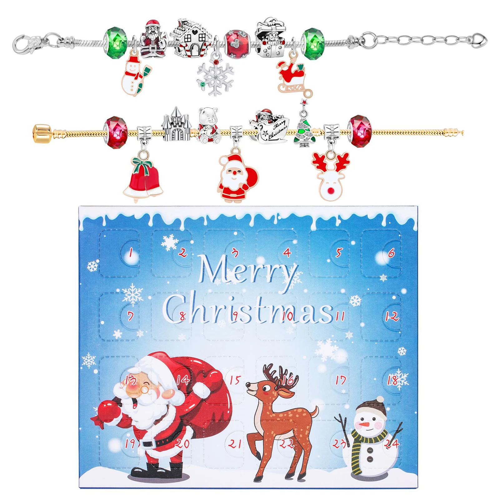 Christmas Countdown Advent Calendars Box Jewelry Advent Calendar With 2 Adjustable Bracelets 2 Necklaces, 22 Charm Beads