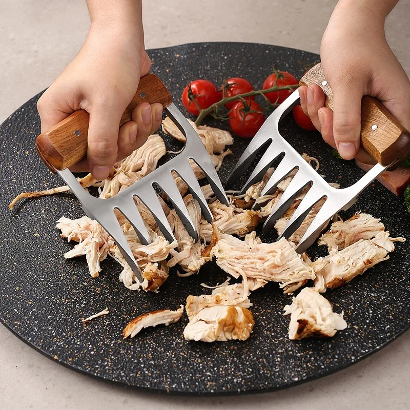 Barbecue Meat Shredder 1/2pcs Stainless Steel Wood Handle BBQ Meat Claws Bear Claws Barbecue Fork Bbq Accessories Kitchen Tool