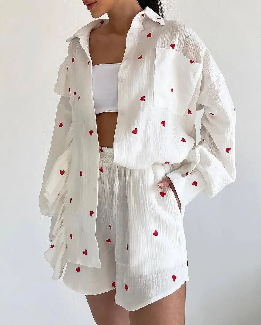 2024 Fashion Cotton Heart Pattern Linen Ruffle Shirt Shorts Two Piece Set soft Women Long Sleeve sleepwear Short with Pocket