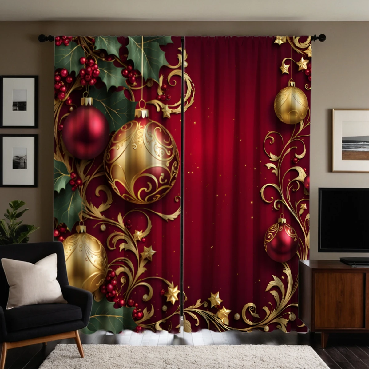 2pcs HD Christmas drop ball Holly berry decorative curtain Red green tie digital printed curtain Home decoration style decora 5
