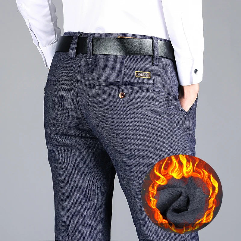 

2023 Winter New Men's Warm Casual Pants Business Fashion Slim Fit Stretch Thicken Blue Black Cotton Trousers Male 28-40