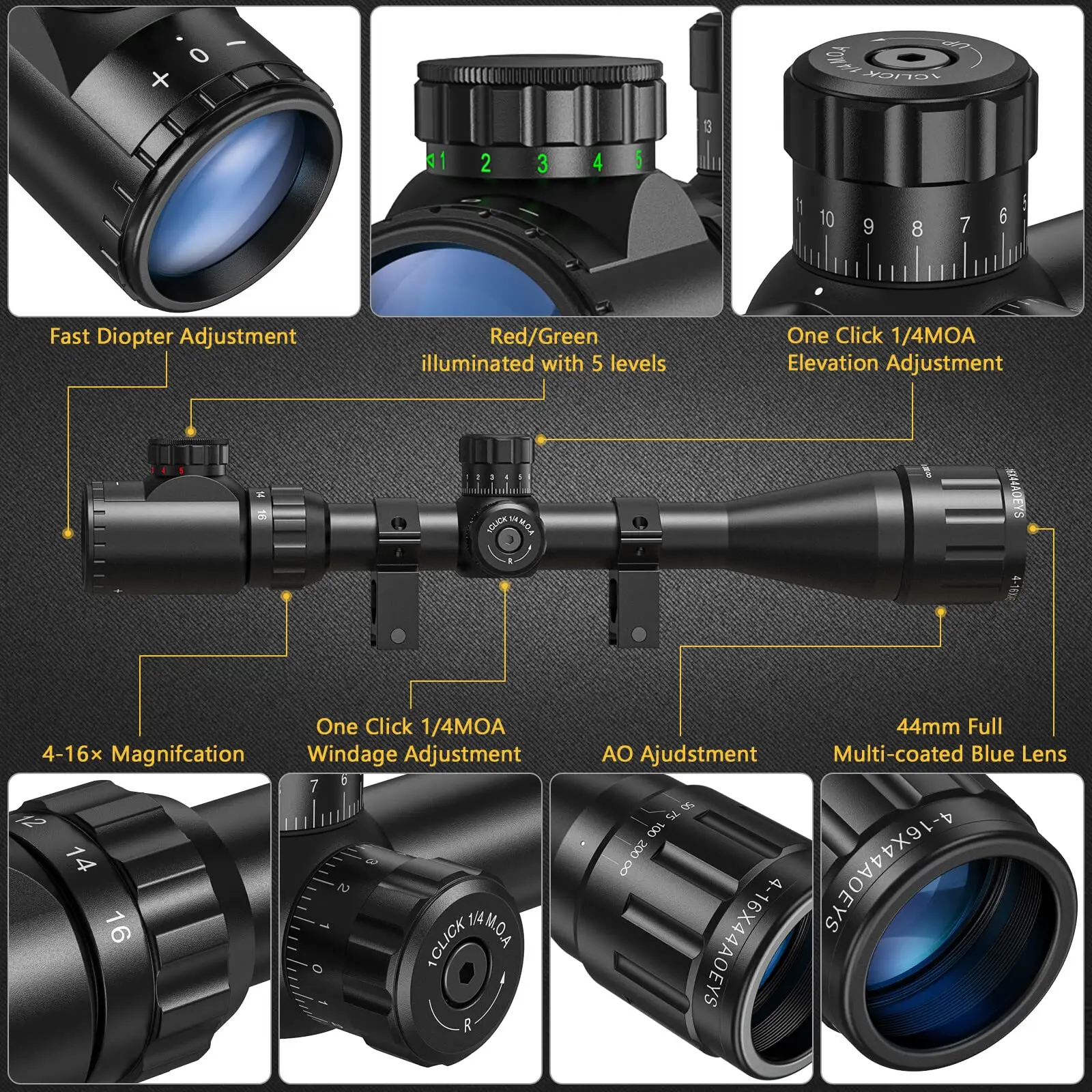 Rifle 4-16x44 Scope Red and Green Illuminated Scope With Locking Turret Sunshade and Mount Included CVLIFE