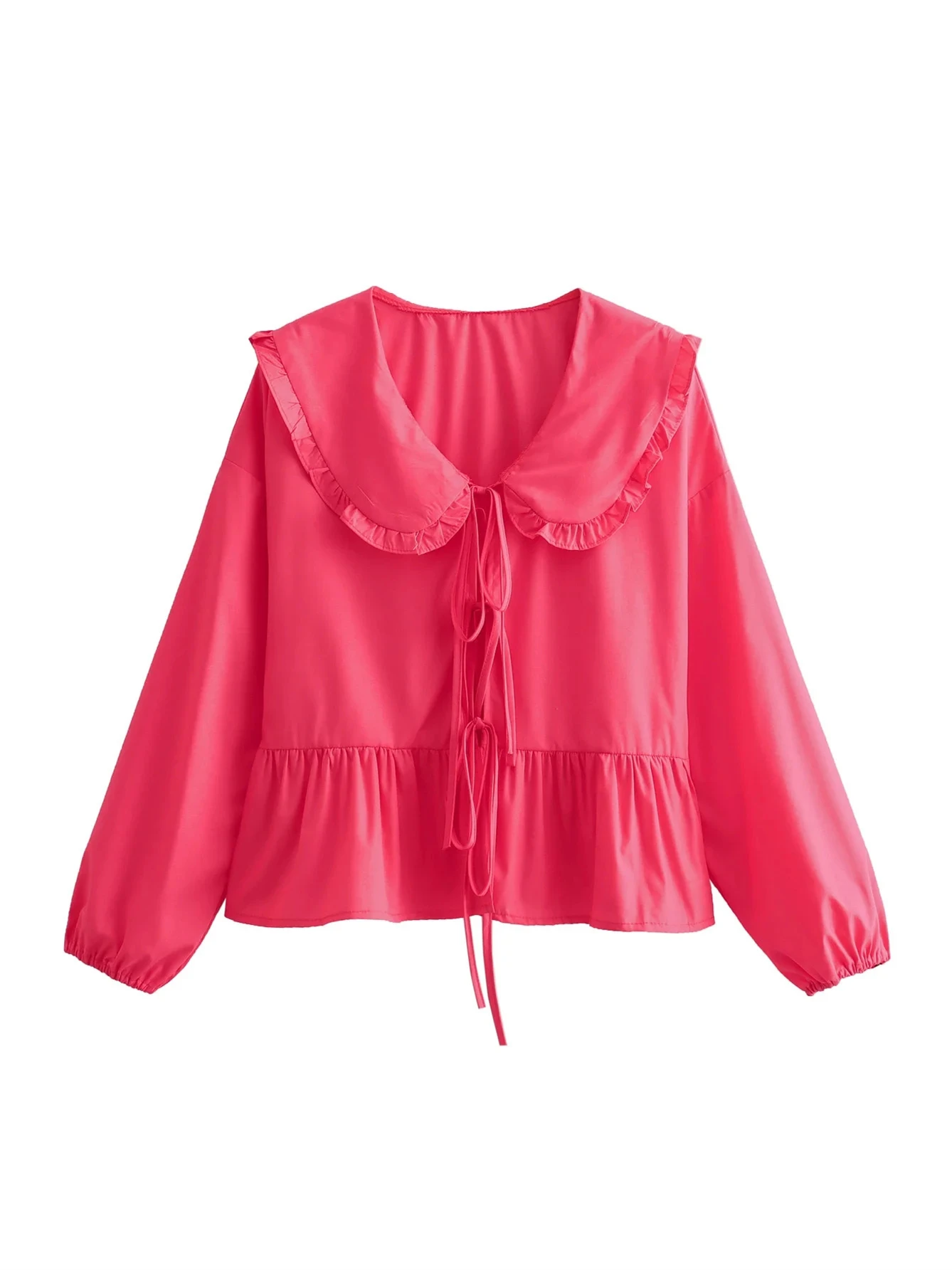 2024 New Women Elegant Ruffles Shirt 2024 Summer Blouse with Peter Pan Collor Lantern Sleeves Bow Buttons Sweet Soft Top