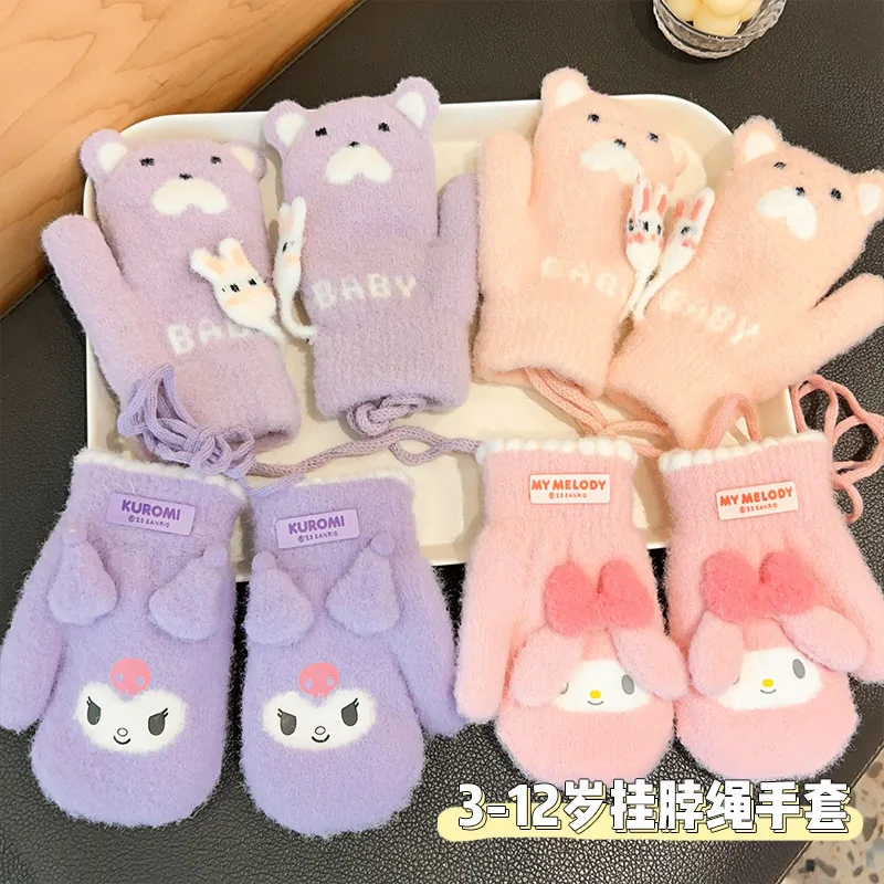 

New Anime Sanrios Kuromi My Melody Children's Cute Neck Gloves Cartoon Plush Thickened Cold Students Warm Gloves Gifts for Girls