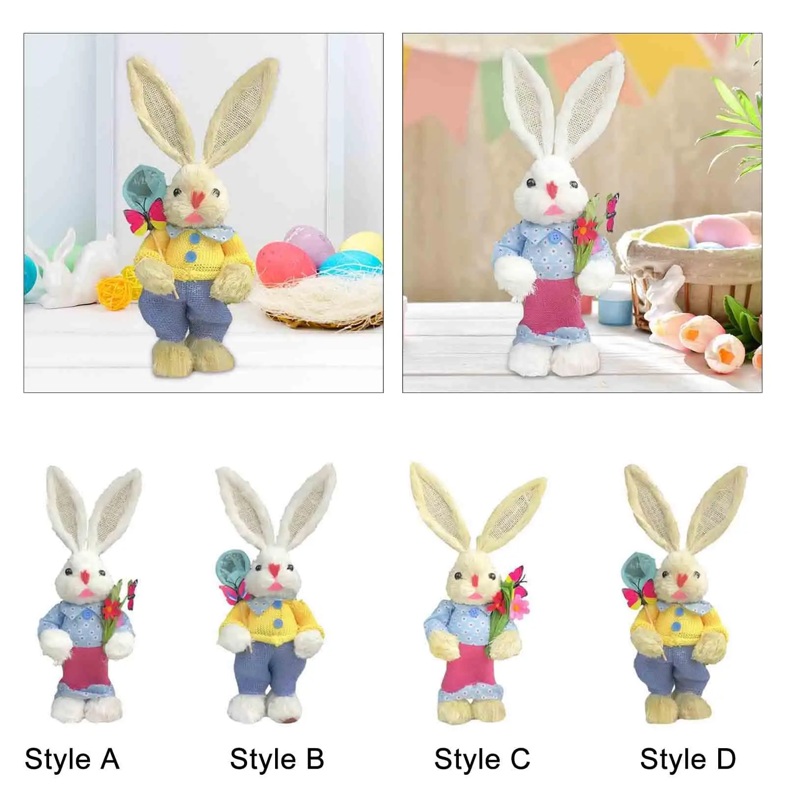 Easter Straw Bunny Rabbits Tabletop Statue Artificial Animal Sculpture Animal Figurines for Farmhouse Desktop Easter Home Decor