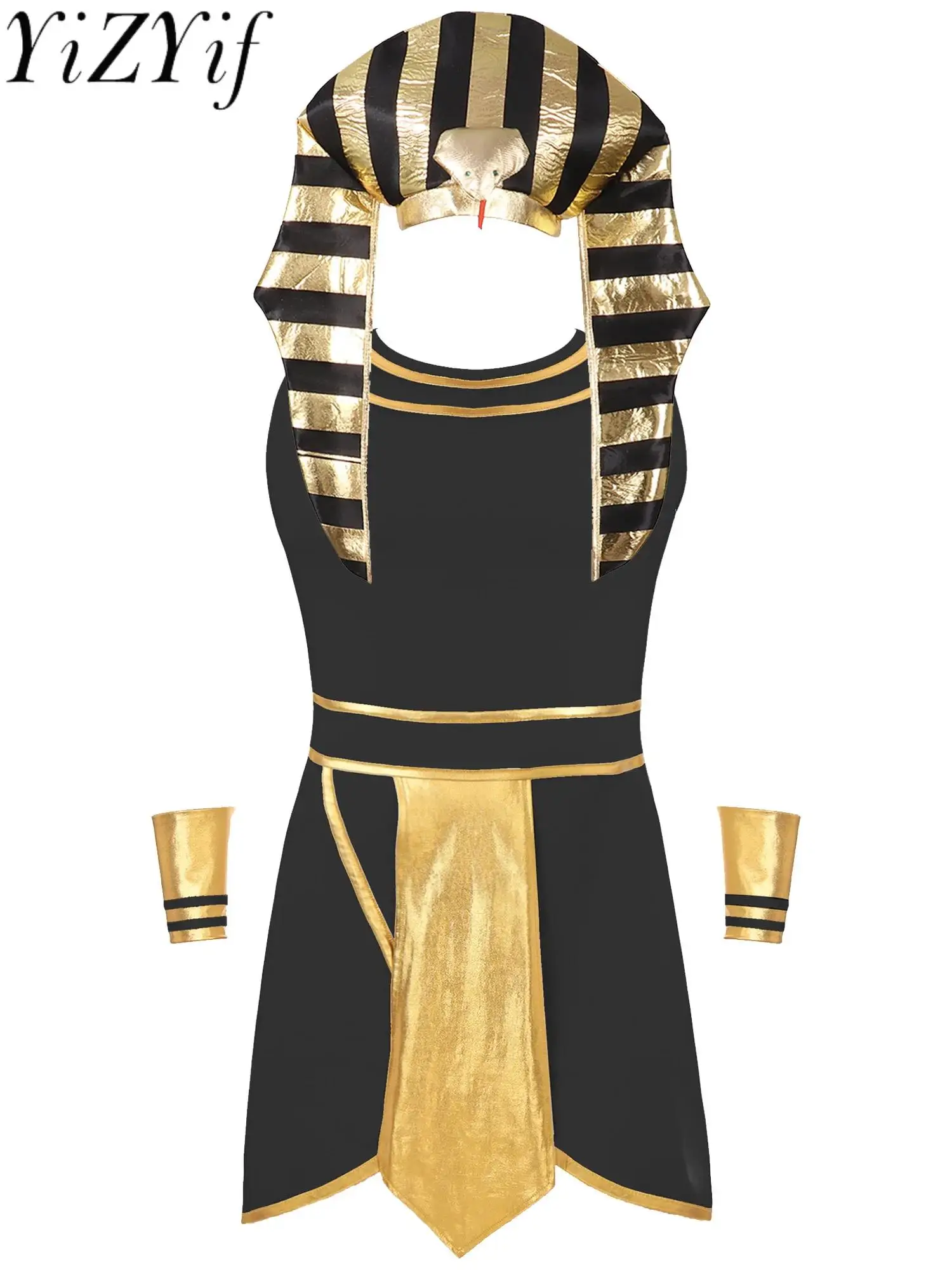 

Mens Halloween Egyptian Pharaoh King Cosplay Costume Carnival Ancient Egypt Role Play Clothes Dress with Cuffs Snake Head Hat