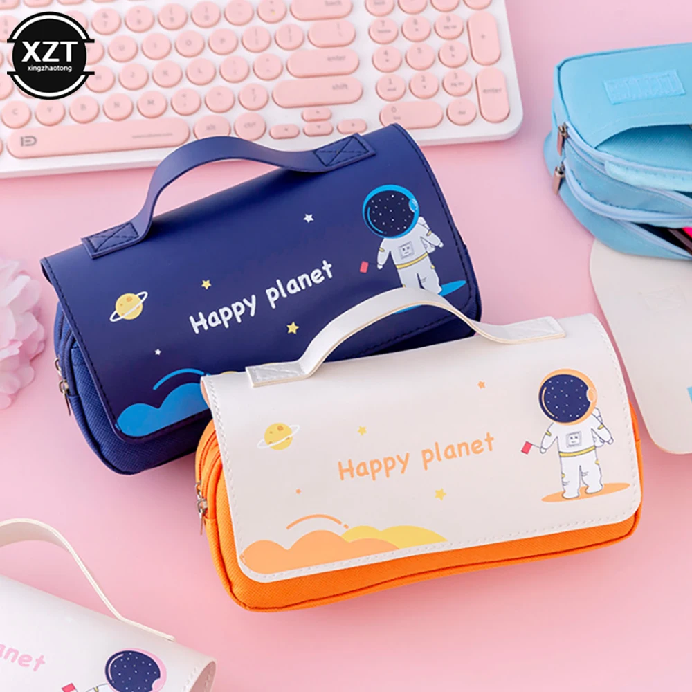 Space astronaut portable pencil case cute cartoon kids stationery bag large capacity storage bag school studen canvas pencil