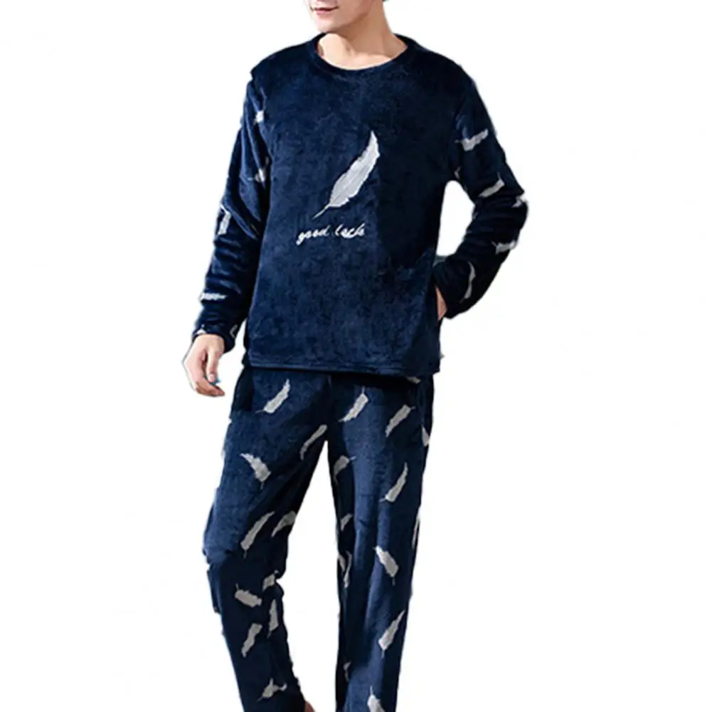 Men Sleepwear Suit Loose Pullover Round Neck Pajama Sets Thick Soft Flannel Pajama Sets 2 Pcs/Set man pajamas set flannel pajamas set