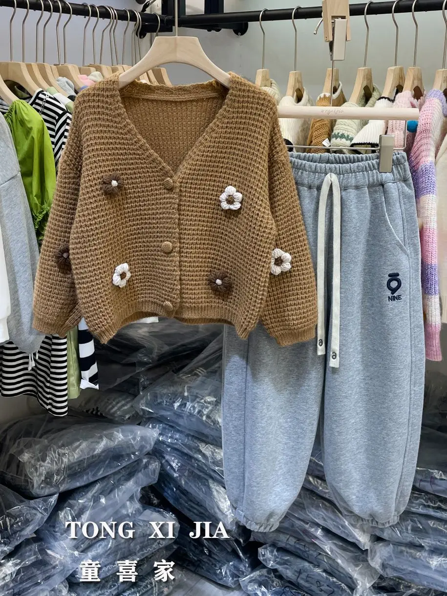 

Girls' Autumn Three-Dimensional Flower Sweater 2023 Baby Girl Autumn New round Neck Cardigan Knitted Small Coat Jacket