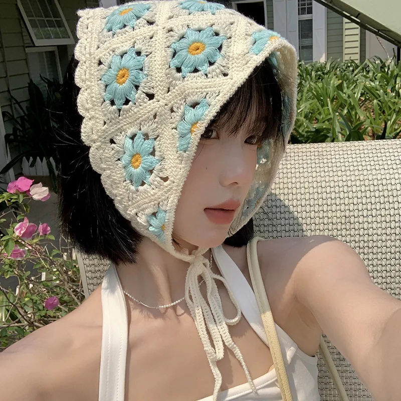 

Women Triangle Bandanas Handmade Knitted Crochet Hollow Triangle Headband Towel Sweet Daisy Flowers Strap Hairband Headscarf Hat