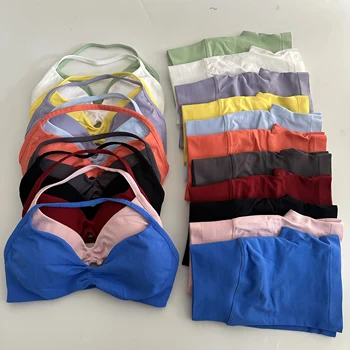 No Logo Yoga Gym Set Women Seamless Strappy Yoga Bra Top High Waist Workout Scrunch Shorts Sports Set Fitness Clothes Sportswear 1