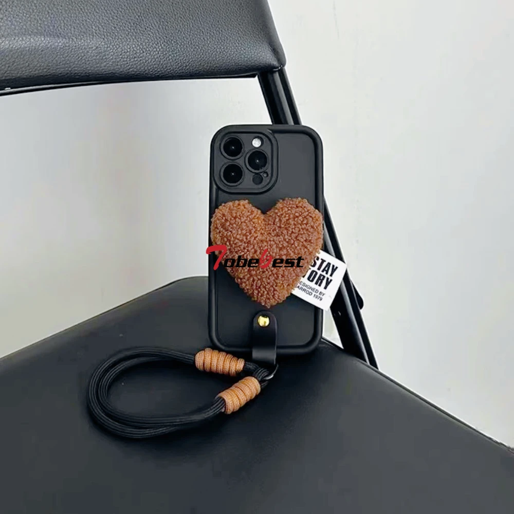 Brown Plush Love Heart Silicone Phone Case - Soft Protective Back Cover