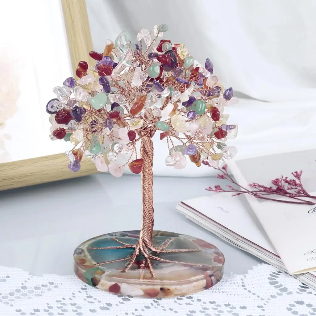 Mini Crystal Tree With Agate Slice Resin Base Natural Amethyst Gemstone Lucky Money Tree For Fengshui Room Decor Home Ornaments