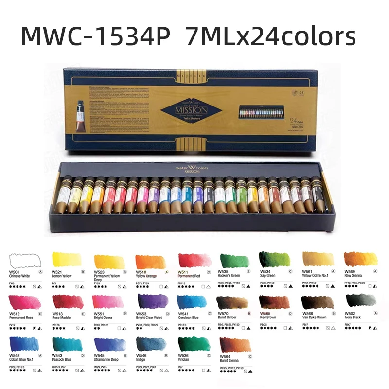 Mijello Artist Mission Gold Class Pure Pigment Watercolor Set of 12/17/24/34 x 15/7ml Tubes for Painters Students Art Supplies